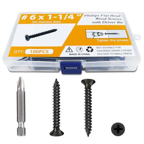 100PCS #6 x 1-1/4" Black Wood Screws, Flat Head Stainless Steel Sheet Metal Screws, Fast Self Tapping Screws for Deck Drywall Concrete Screws with Screwdriver Bit - style: Black #6X1-1/4" Flat Head 100PCS