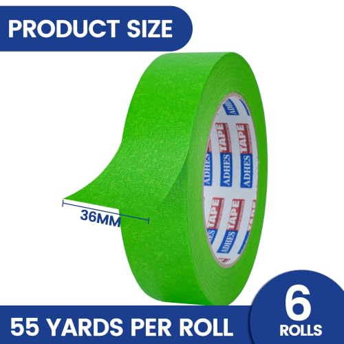 ADHES Green Masking Tape Painter Tape 36mm x 50m | 6Rolls x 1.5Inch x 55Yard,Clean Removal, No Residue, Multi-Surface,Ideal for Painting DIY Arts Crafts Labeling - size: 36mm x 50m