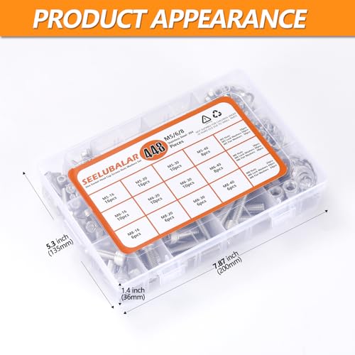448 Pcs M5 M6 M8 Hex Socket Head Cap Screws Kit, 16/20/30/40mm Metric Bolts | 304 Stainless Steel Metric Screws Assortment Kit, Bolts Nuts and Washers for Auto, Motorcycle 3D Printer And Machinery - size: M5/M6/M8 - 16/20/30/40mm