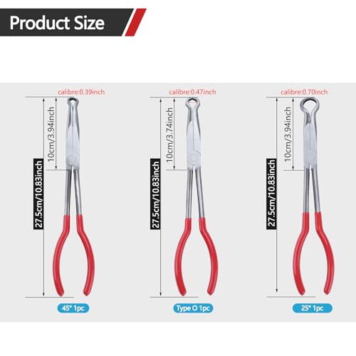 3PCS Circle Nose Pliers 11 Inch Extra Long Reach Hose Grip Pliers Set - size: 3 Pieces - 11" - Circle (0.2/0.5/0.7 in) - Red