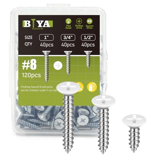 White Screws-120pcs #8 White Flat Head Self Tapping Screws Assortment Kit - color: White