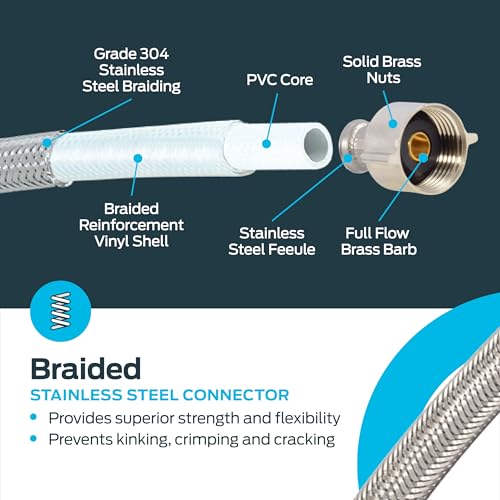 Eastman 12 Inch Flexible Toilet Connector, 7/8 Inch Ballcock x 3/8 Inch Compression, Stainless Steel Braided Hose, 48088 - size: 12 in. L x 7/8 in. B/C x 3/8 in. Comp