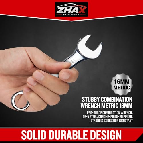 zhax 16mm Metric Stubby Combination Wrench, 12 Point Box End, 15 Degree Offset Design, Mirror Polish Finish, Forged CR-V Steel, Hand Tools for Mechanics, Ideal for Auto and Home Repair - size: 16mm