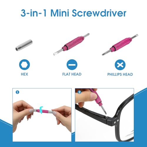 UNEAK - Eyeglass Screwdriver Repair Kit Pink Precision 3 in 1 Mini Screwdrivers Set Keychain Glasses, Sunglasses, Sunglass, Watch, Electronics, Eyeglasses, Flat Head, Phillips, Hex - color: Pink