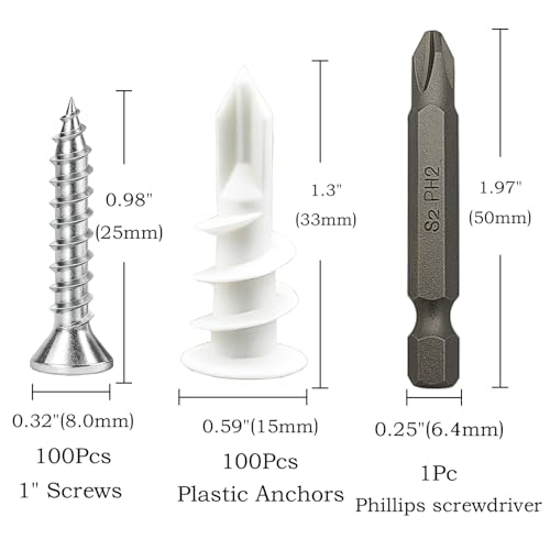 200Pcs Drywall Anchors and Screws Kit, 100Pcs Self-Drilling Plastic Wall Anchors with 100Pcs #8 Phillips Screws & PH2 Bit, Heavy Duty Anchors for Hanging Pictures, Shelves, Home Mounting - size: 1 Inch