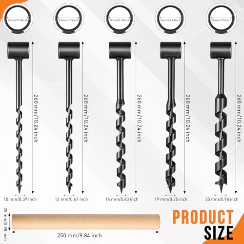 6 Pcs Hand Auger Wood Drill Wrench Set Bushcraft Gear Heavy Duty Steel Manual Survival Tools with Auxiliary Handle Bushcraft Tools for Camping, Outdoor, Hiking, Woodworking