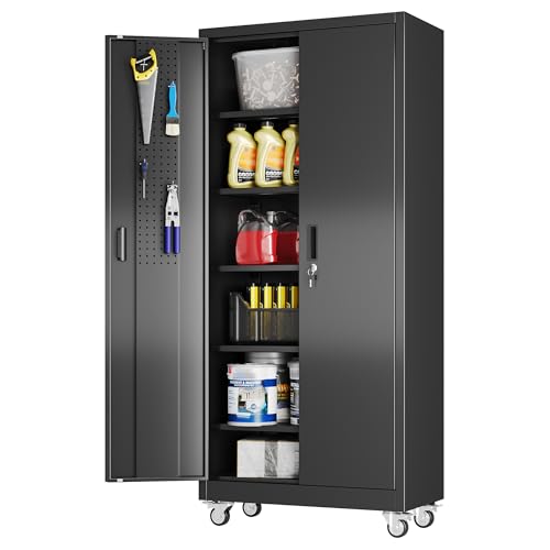 Aobabo Metal Garage Storage Cabinet with Wheels, 71" H, Black - color: Black, size: 18"D x 34"W x 71"H-0 Drawers