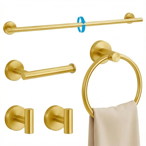 5 Piece Brushed Gold Bathroom Hardware Set, 24 Inch Bathroom Hardware Set Towel Racks for Bathroom, SUS304 Stainless Steel Wall Mounted Bath Towel Bar Set - color: E-24 Brushed Gold