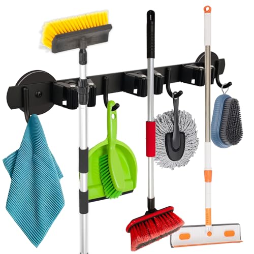 MUTUACTOR Heavy Duty Magnetic Broom Holder, 1PCS Mounting Broom and Mop Hanger, Anti-slip Black Magnetic Tool Holder 3 Slots and 4 Hooks for Fridge, Metal Door, Garage, Work Station - style: Heavy Duty,Black,3 Hooks 4 Slots