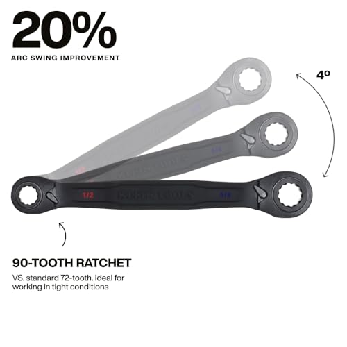 KLEIN TOOLS 68215 4-in-1 Reversible Ratchet Wrench, Box Wrench, SAE Hex Sizes 1/2, 9/16, 5/8, 3/4-Inch, 90-Tooth Ratchet, Pass-Through Design - style: Medium SAE