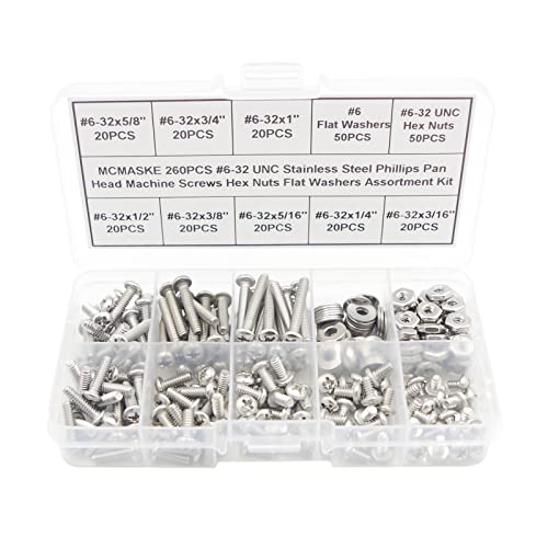 260PCS #6-32 UNC 304 SS Phillips Pan Head Screws Nuts & Washers Kit - size: #6-32UNC