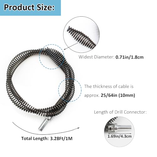 Amonk Drain Auger Cable 3.28Ft Clog Remover with Drill Connector 10mm Flexible Plumbing Snake Pipe Drain Cleaner for Kitchen, Bathroom and Shower Sink
