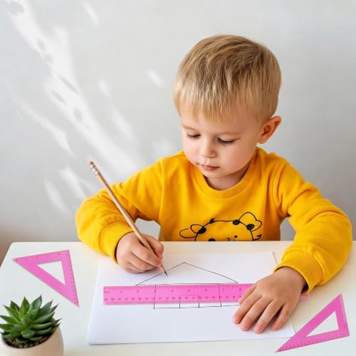 Plastic Clear Ruler Math Set - 6'' 12'' Transparent Straight Ruler, 4'' 6'' Protractor, 30/60 & 45/90 Triangle Ruler,Geometry Math Measuring Tool for School Home Office Drawing Teachers Kids Hot Pink - color: Hot Pink