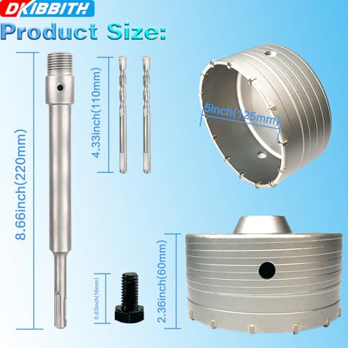 5" Concrete Hole Saw, 125mm Tungsten Steel Core Bit for Cinder Block, Brick, Rock, Plank Walls for Pipes or mini Split Lines, with SDS Plus Shank and 2 Center Positioning Drill Bits. - size: 5"