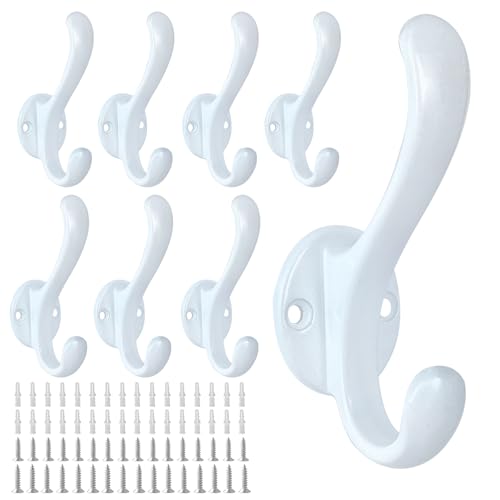 8 Pack Coat Hooks Wall Mount Heavy Duty Utility Retro Double Hooks for Hanging Coats,Hat, Towel, Key, Robe, Scarf, Bag, Cap (White) - color: 8 Pack-White