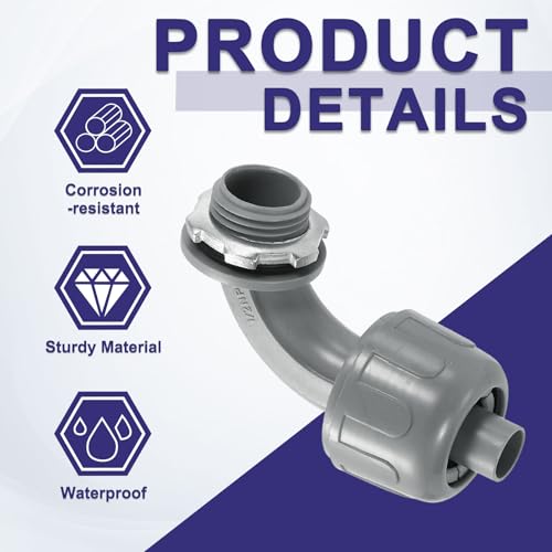 uxcell 6Pcs Nonmetallic Liquid Tight Connectors, 3/8" NPT Plastic Flexible 90 Degree Conduit Fitting for Conduit, Pipe Tube Connection and Leakproof, Gray