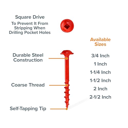 Bora Pocket Hole Screws 1-1/2 Inch Coarse Thread - 250 Pack for Wood Joinery - Professional Woodworking Bora Jig Compatible Screws for Furniture, Cabinetry & Carpentry Projects - size: 1-1/2 inch (250 Piece), style: Coarse Thread