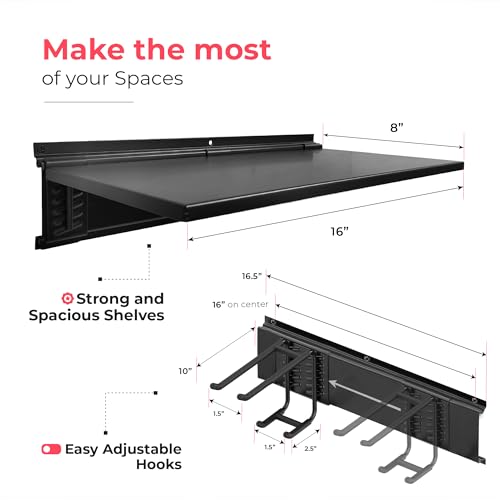 TIDYME Garage Tool Organizer Wall Mount 64", 2 Shelves & 4 Double Hooks - size: 64" (2 Shelves)