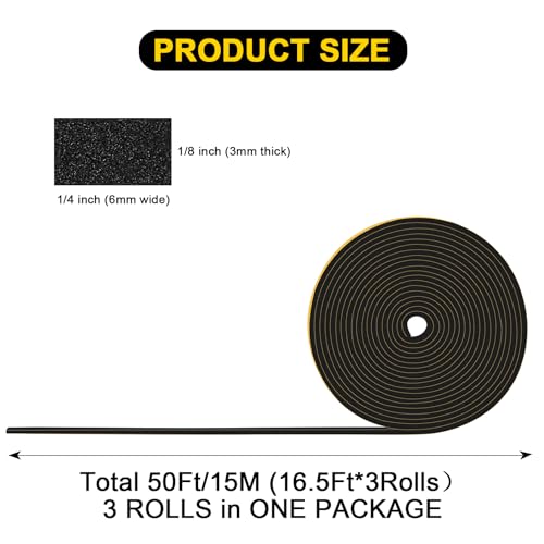 Thin Foam Insulation Tape for Windows & Small Gaps, 50Ft Bulk Pack - color: Black, size: 1/4 In x 1/8 In x 50Ft
