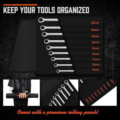 HORUSDY 9-Piece Extra Long Ratcheting Wrench Set, Double Box End Wrench Set with Tool Bag & Box, Metric 8-22mm, CR-V Steel - style: Long Ratcheting Wrench Set