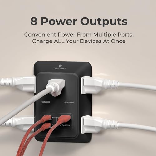 Travel Depot 5-Outlet Wall Outlet Extender with Surge Protector, (Black) | 2 USB-C PD & 1 USB-A Charging Ports, 32W Fast Charging, Multi Plug Wall Adapter, 3-Sided Design for Home & Office - color: Black