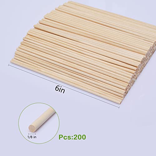 Wooden Dowel Rods, 200PCS 1/8 x 6 Inch Round Wooden Sticks for Arts Crafts, Home Decor, Cake Support, Photo Booth Props, Unfinished Natural Hardwood Sticks - size: 1/8 x 6 Inch (200PCS)