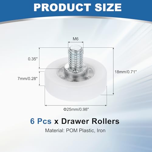 uxcell 6Pcs 25mm Drawer Rollers, M6 x 0.35" Thread Plastic Positioning Pulleys Flat Surface Small Drawer Pulley Bearing Replacement Wheel for Furniture Parts Cabinet Cupboard Slides - size: 25mm M6 x 0.35"