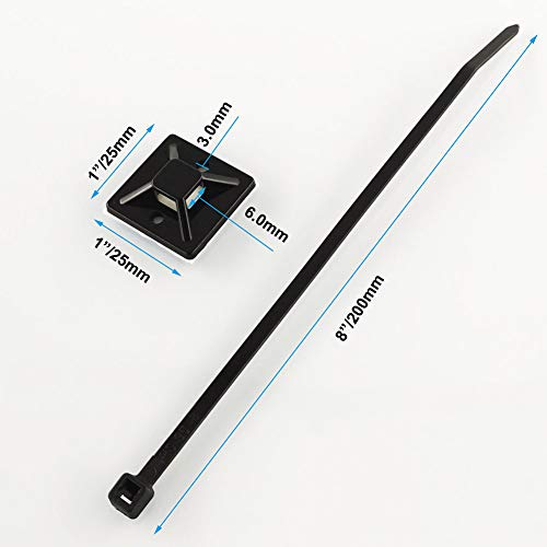 Strong Self Adhesive Wire Clips Cable Zip Tie Mounts 1" with 8 Inch Zipties Black UV Protection Outdoor 100 Pcs,Sticky Wire Fasteners Cable Guide Management Mounting Suqare Holder Anchor Base large - size: 1x1"