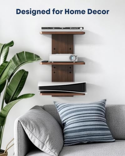 Floating TV Projector Shelf Wall Mount - 3 Tier Wooden Shelf, Walnut Brown - size: 3-Tier Shelf