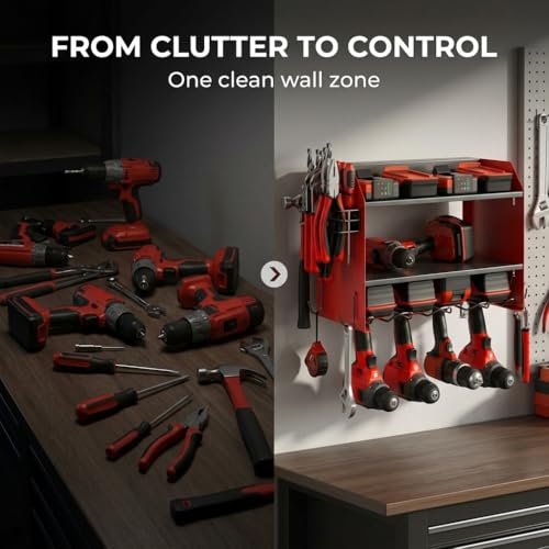 Heavy Duty Power Tool Organizer – 4 Drill Holders, Pegboard, Side Racks – Garage Storage Rack for DIYers – Metal Power Tool Shelf, Easy Install – Red