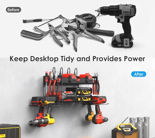 CCCEI Garage Tools Storage with Charging Station. Power Tool Battery Organizer Utility Shelf with Power Strip. 4 Drills Holder Wall Mount Rack, Black. - size: Small, style: 2 Layer