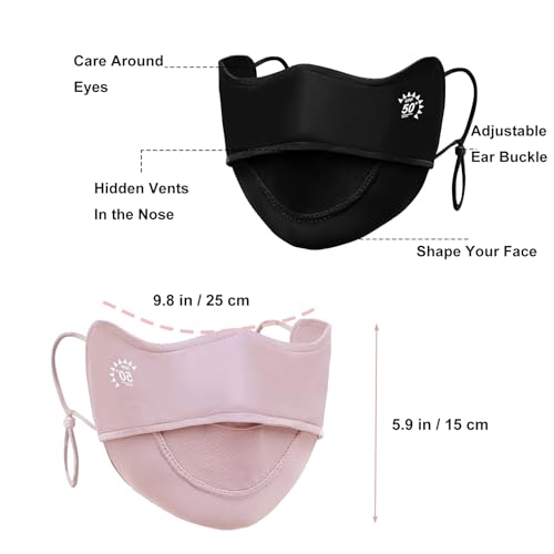 2Pcs UV Face Mask, Sun Masks for Women, Cooling Breathable Face Cover for Outdoors, Washable Reusable - color: Pink, Black