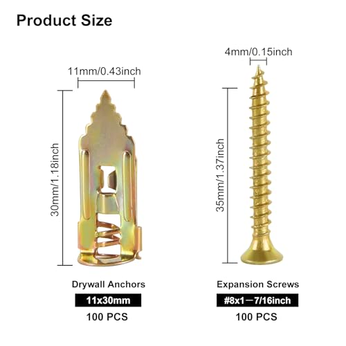 UMLIFE 200 Pcs Self Drilling Drywall Anchors with Screws Kit,100PCS Sheetrock Anchors (0.47X1.18inch) and 100 PCS Screws for TV, Shelf, Decor, Picture Frame Wall Mounting
