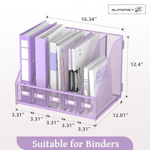 SUPEASY Desk Organizers Metal Desk Magazine File Holder with 5 Vertical Compartments Rack File Organizer for Office Desktop, Classroom, Home Workspace, Purple Plus - color: Purple, size: Large