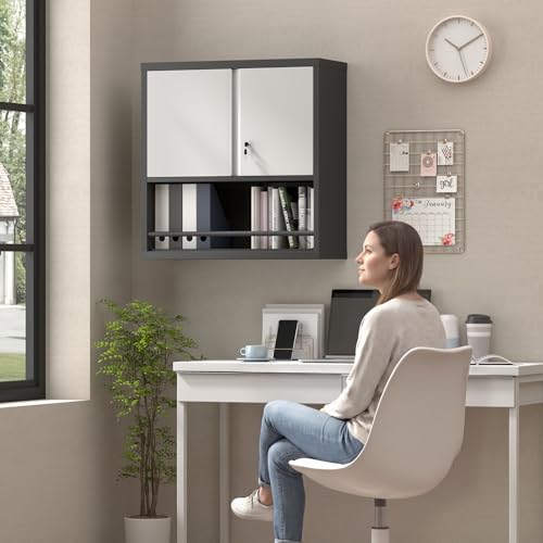 Garage Locking Cabinet, Wall Storage Cabinet with Shelves, Hanging Cabinets with Open Storage, Small Wall Cabinet, Lockable Tool Cabinet for Basement, School, Office - color: 31"h - Grey/Black