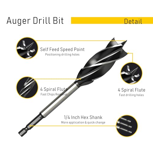 Wood Drill Bit Set 8Pcs 3/8 Inch - 1 Inch Auger Drill Bits for Wood and 1/2 Inch Drive Impact Drill Adapter, 1/4 Inch Quick Change Hex Shank - size: 3/8 - 1 Inch