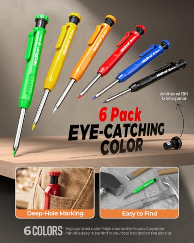 Nicpro Carpenter Pencil with Sharpener, 12Pcs Construction Pencil+52 Refill - color: Multicolor, size: 12 Pack