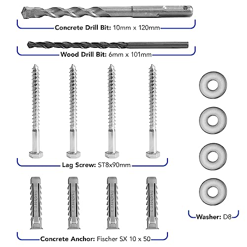 Mount-It! Universal TV Mounting Hardware Kit, Lag Screw and Drill Bit Set Includes Screws, Washers, Fischer Anchors, Wood Drill Bit and Concrete Drill Bit for Easy Installation