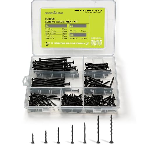 Wood Screws Assortment Kit, 200PCS High Hardness Phillips Bugle Head Drywall Screws Set, Coarse Thread & Black Oxide, 7 Sizes (3″, 2″, 1-1/2″, 1-1/4″, 1″, 3/4″), Ideal for Woodworking/Household/DIY