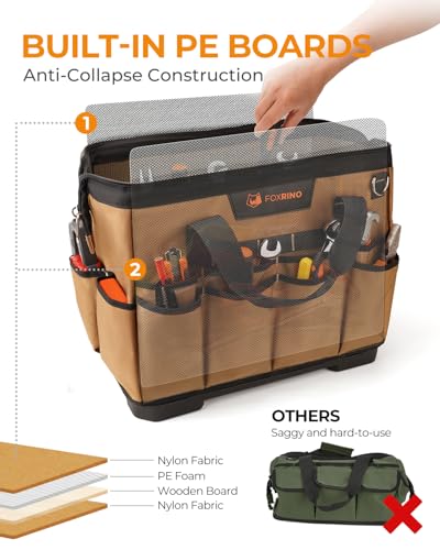 Foxrino Heavy Duty Tool Bag 16-Inch, 42-Pocket Portable Empty Tool Box Organizer Storage, Anti-Collapse Toolbox Organization, 1200D Oxford Soft Handle Carrying Toolbag, Gifts for Men Father Dad