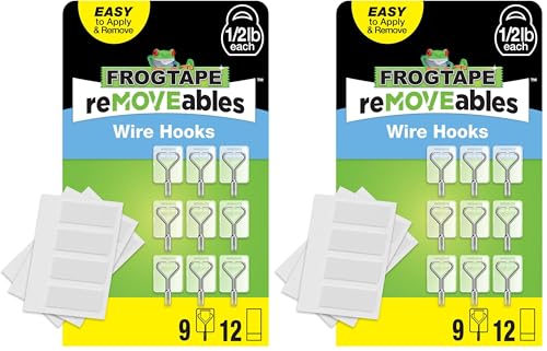 FrogTape reMOVEables Damage Free Adhesive Hook - Removable & Reusable Small Wire Wall Hooks for Hanging - No Nails - Includes 9 Hooks & 12 Adhesive Strips - Holds up to 0.5 lb - Clear (Pack of 18) - color: Clear, size: Pack of 18, style: Small