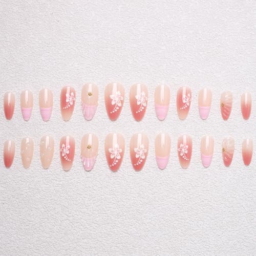 3D Pink Press on Nails Almond - Medium French Tip Fake Nails with Embossed Flower&Gold Bead Designs, Glossy Finish Reusable False Nails for Women Manicure(3D Embossed design 18） - color: 3D Embossed design 18