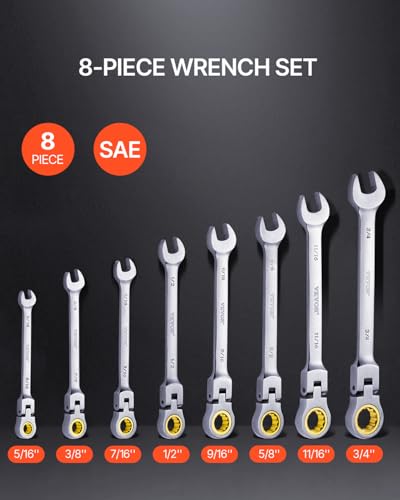 VEVOR Flex-Head Ratcheting Wrench Set, Nickel Plating, 8-piece Flexible Ratcheting Combination Wrench Set with Roll-up Pouch, CR-V, 72 Teeth, SAE 5/16-3/4" - size: 8PCS (SAE), style: Flex-head