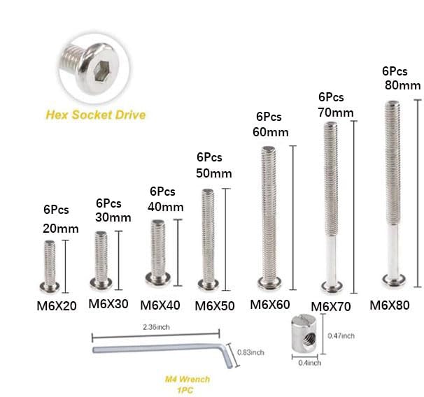 Baby Bed Frame Bolts, Crib Screws Hardware ReplacementKit M6x20/30/40/50/60/70/80mm Hex Drive Socket Cap Screws Barrel Nuts Wooden Dowel Kit for Beds Chairs Furniture et (42Set) - size: 42Set