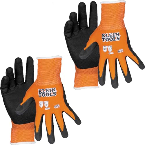 KLEIN TOOLS 60579 Work Gloves, Knit Dipped Cut Resistant ANSI A1 Nitrile Coated Gloves, Nylon-Spandex, Touchscreen Capable, Small, 2-Pair - size: Small, style: 2-pair Pack