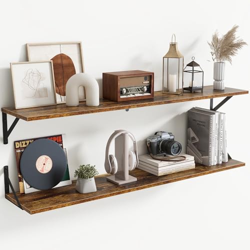 Acovy Floating Shelves for Wall,48" Wx8 D Wood Wall Shelves,Hanging Storage Floating Shelf with Metal Brackets,Wide Floating Bookshelf for Living Room,Office,Bedroom,Bathroom,Set of 2,Rustic Brown - color: Rustic Brown, size: 48"Wx8"D-2pcs