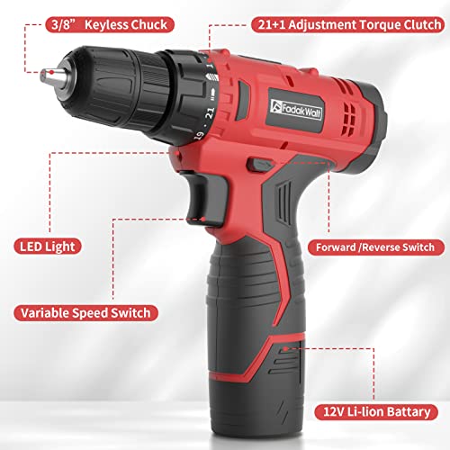 Fadakwalt Cordless Drill Set, 20V Electric Power Drill with Battery And Charger - color: 12v Drill (Red)