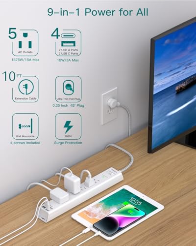 2 Pack Surge Protector Power Strip -10ft Extension Cord, 5 Outlets 4 USB - size: 10 FT