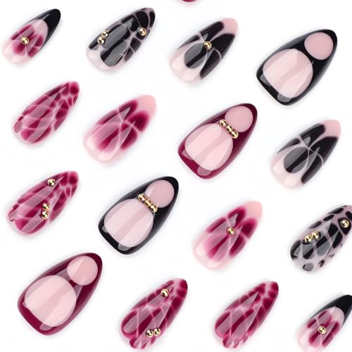 French Press On Nails Short Almond Shape, Fall Fake Nails Adorned with Black and Burgundy Petal Accents, 3D Design, Glossy Gel Finish Acrylic Nails, Natural Reusable Glue On Nails - color: 36-Flaunt Bloom