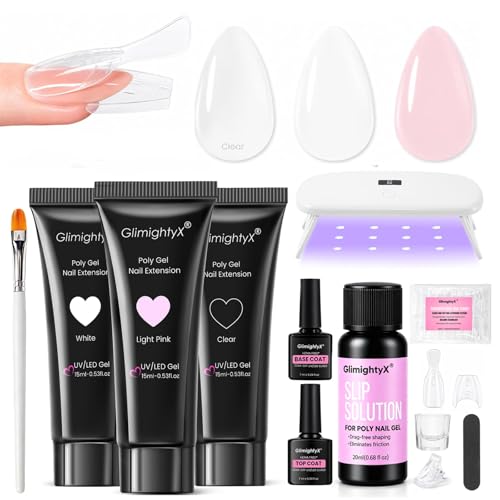 GlimightyX Poly Gel Nail Starter Kit with UV Light, Sandwich Dual Forms - color: 04- 3 Colors Complete Polyge Nail Starter Kit